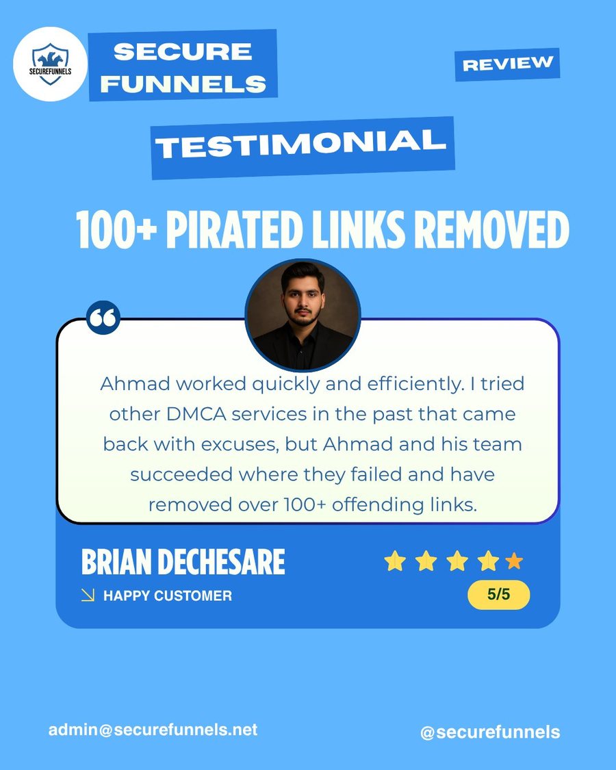 Brian DeCesare testimonial, 100+ pirated links removed